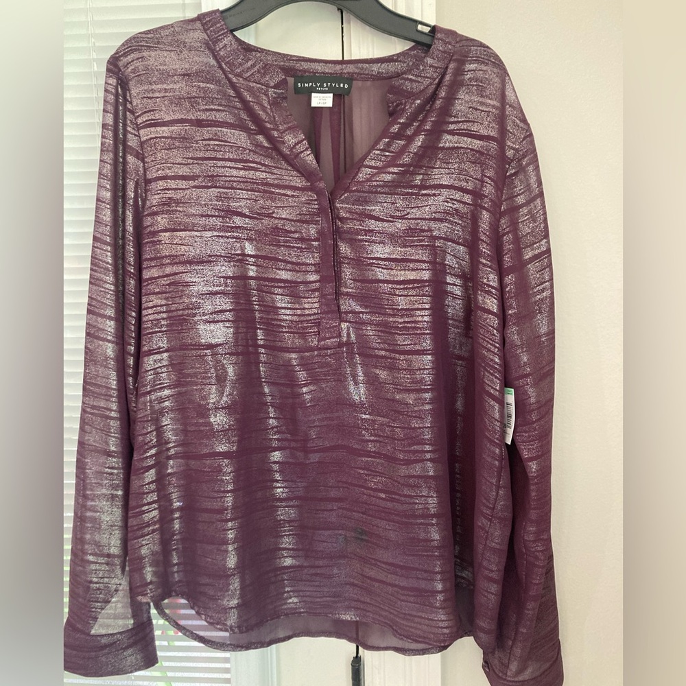 NWT Simply Style large Petite purple with silver design sheer blouse  with tank